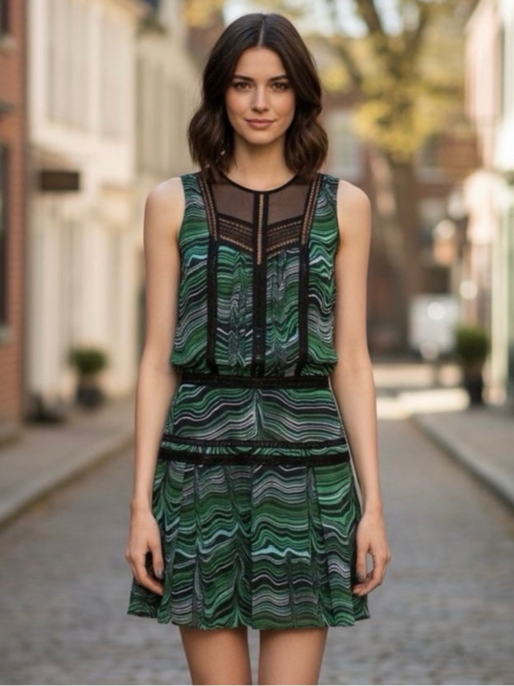 VERONICA BEARD | Green Black Malachite Wave Pattern Sleeveless Mini Dress Sz. 0